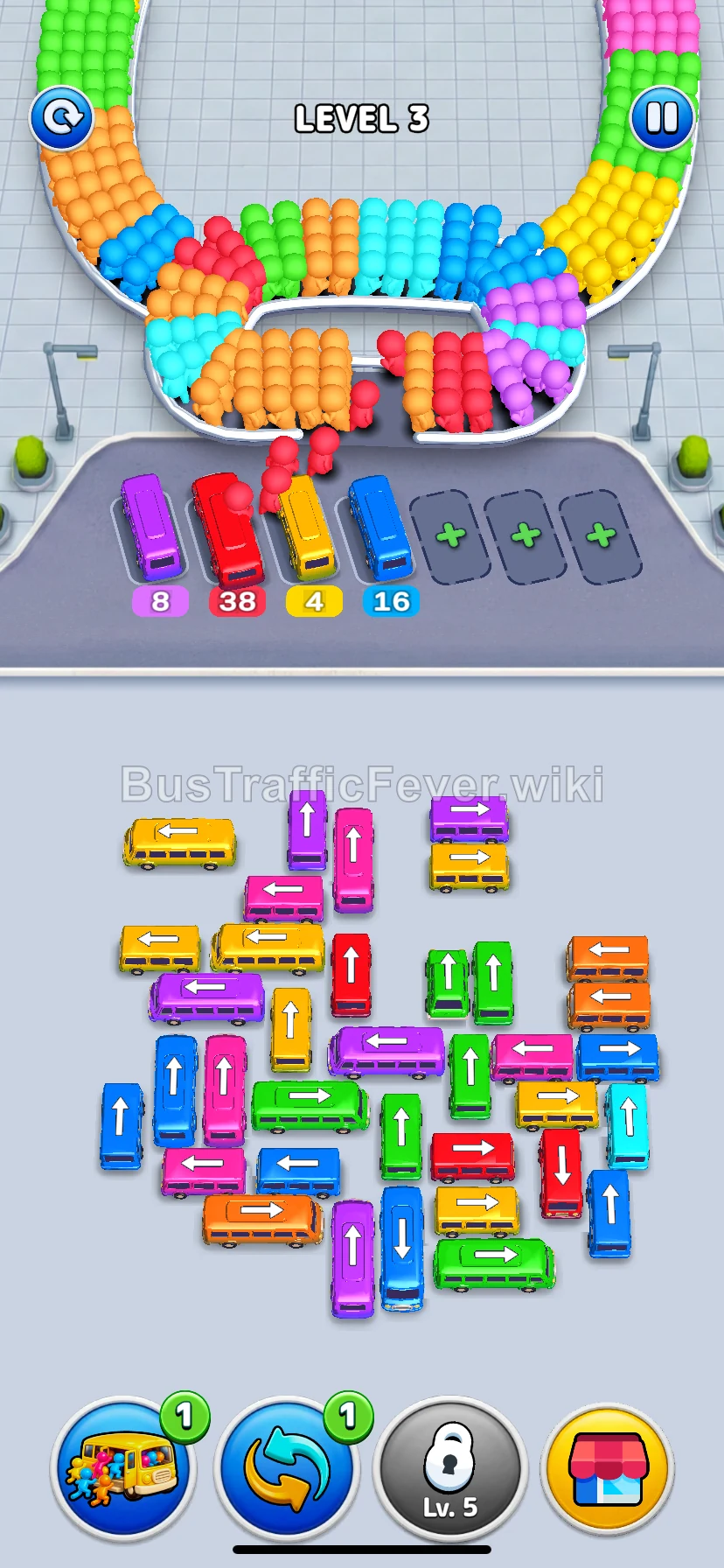 Bus Traffic Fever level 3 gameplay board